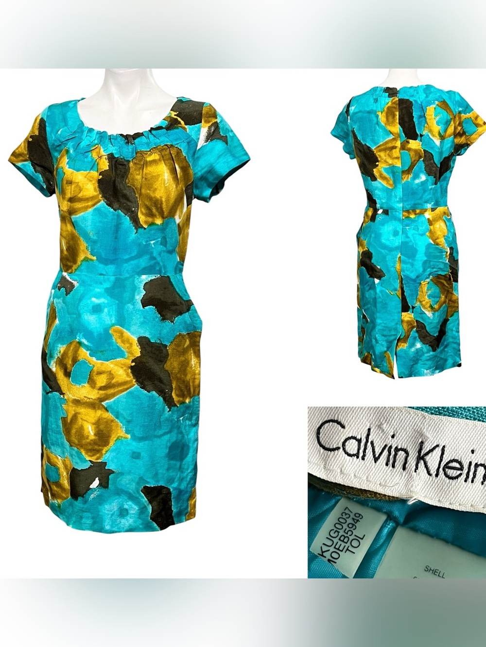Calvin Klein dress sz M/8-10 multicolor Short Sleeve Sheath linen blend